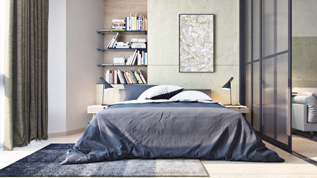 黑色简单的床架，蓝白相间的地毯和蓝灰色的床品，干净利落，经典就是经典。