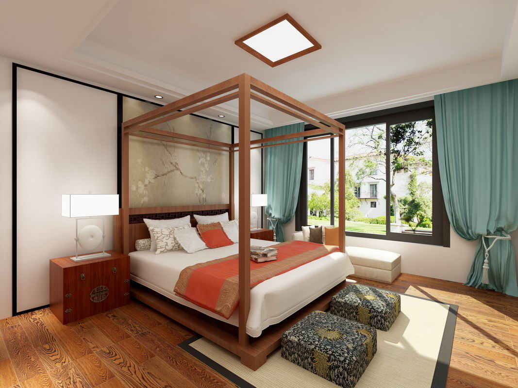 主卧的窗台为大玻璃设计，四季都阳光温暖，中式的家具床品，诠释了最经典东方美韵。